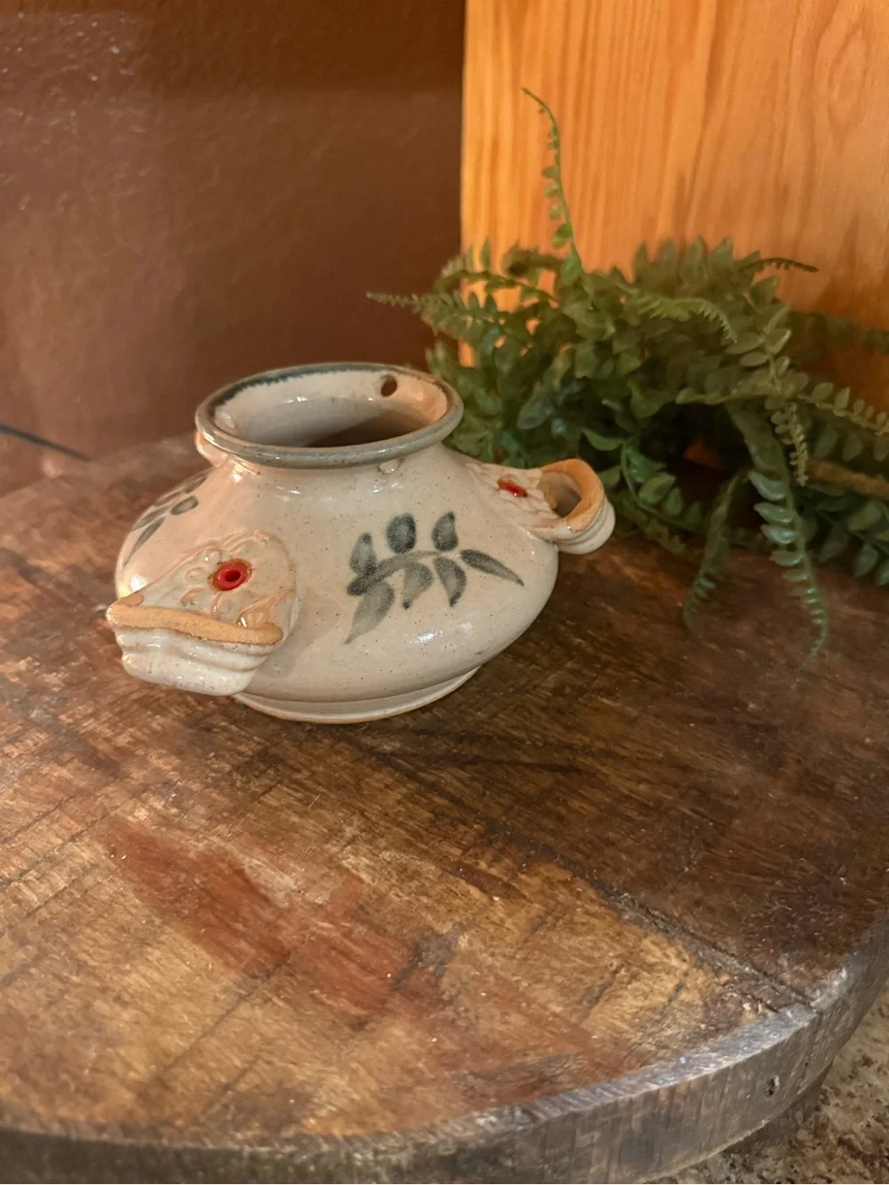 HANDCRAFTED HUMMINGBIRD FEEDER SIGNED THORPE FALL TONES ORNATE HANDLE POTTERY